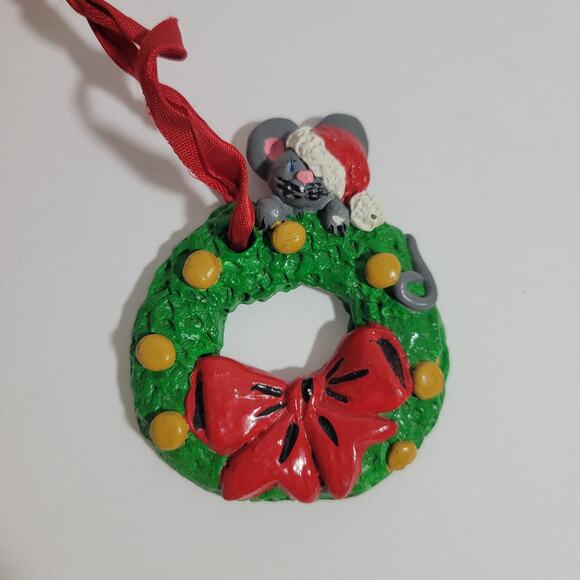 Ceramic Mouse and Wreath Christmas Ornament - Picture 1 of 3